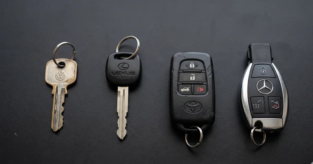 Car keys from VW Lexus Toyota Mercedes on dark surface — Locksmith Auto