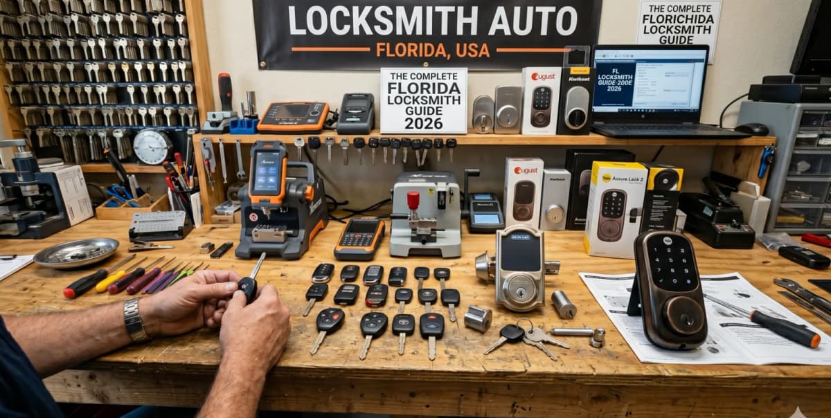 Complete Florida Locksmith Guide 2026 — car keys, deadbolts, smart locks on workbench — Locksmith Auto