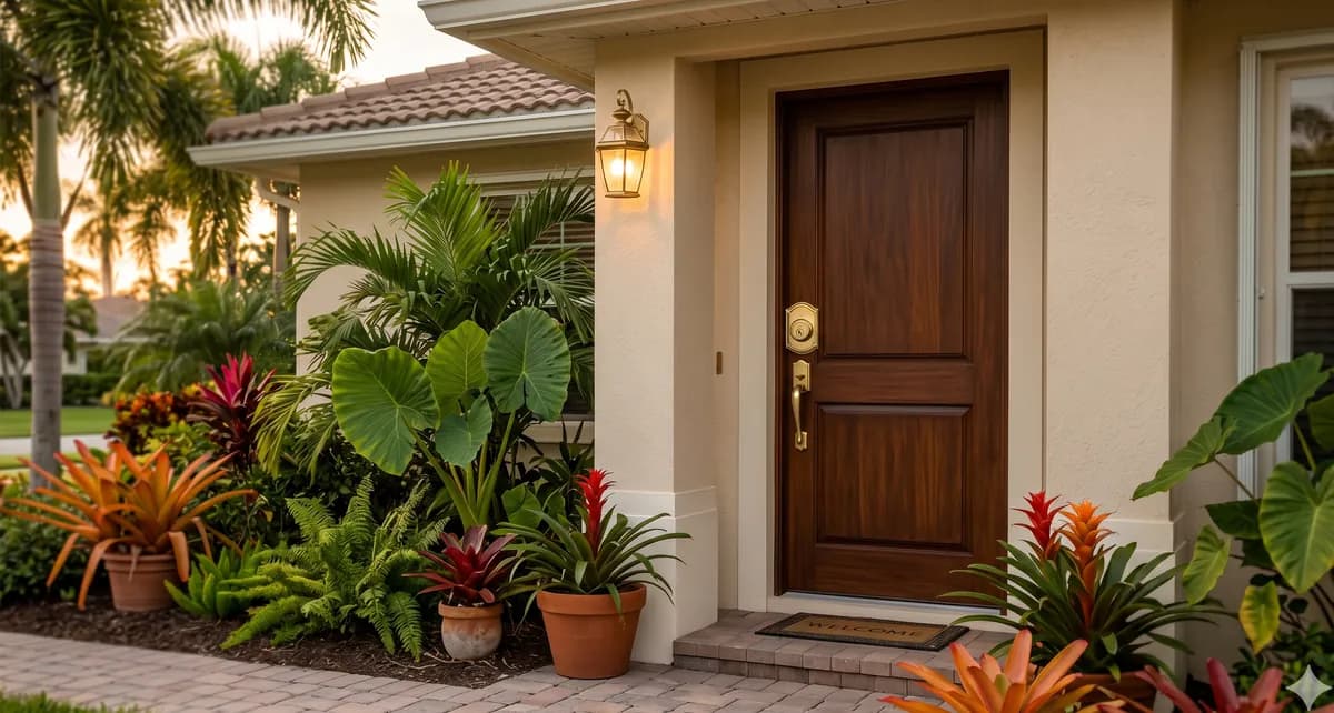 Florida home front door with brass deadbolt and tropical plants — Locksmith Auto